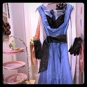 Blue circle skirt dress with black accents